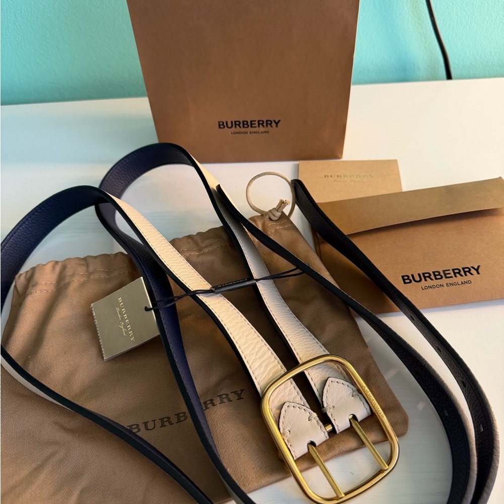 BNWT Burberry Lynton Double Reversible Leather Belt Sz 90 Limestone Regency Blue